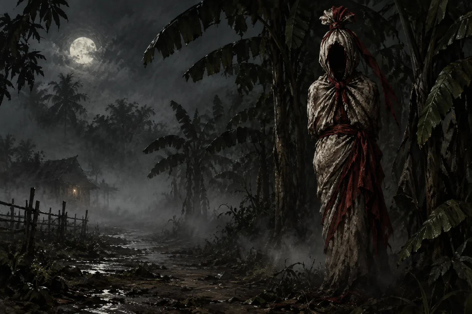 Ilustrasi fiksi sosok berkafan merah di jalan berkabut pada malam hari